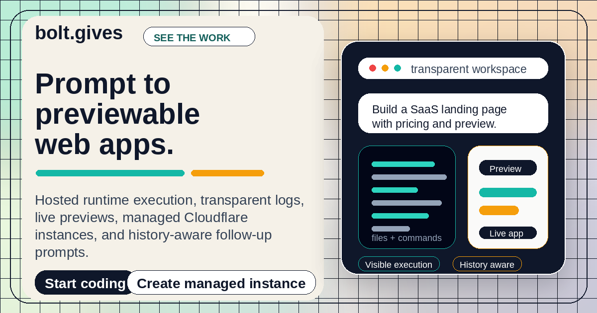 Generated bolt.gives SEO image showing prompt-to-preview AI web app creation